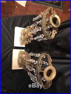 Vntg pair Elegant Cast Brass Marble Base Crystal Prisms Girandole Candle Holders