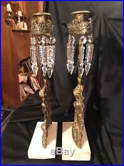 Vntg pair Elegant Cast Brass Marble Base Crystal Prisms Girandole Candle Holders