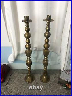 Vtg 42 Solid Brass Pillar Floor Altar Candlestick Candle Holder Pair 30 Lbs