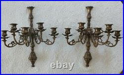 Vtg 5 ARM Large Pair Ornate Brass CANDELABRA Sconce Wall Candle Holder Set