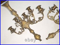 Vtg 5 ARM Large Pair Ornate Brass CANDELABRA Sconce Wall Candle Holder Set