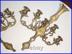 Vtg 5 ARM Large Pair Ornate Brass CANDELABRA Sconce Wall Candle Holder Set