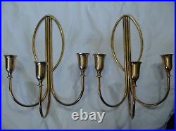 Vtg ART DECO Signed INDIA # P2137 Solid Brass Triple Candle Holder Wall Sconces