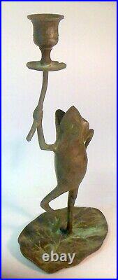Vtg BRONZE BRASS FROG Candle Holder Sculpture Lily Pad Verdi Gris patina
