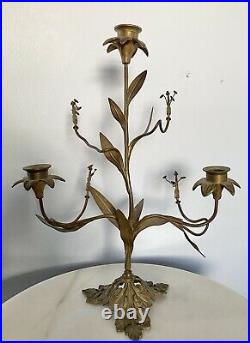 Vtg Brass Art Deco Nouveau Candleholder Daffodil Flowers Leaves Candelabra 15 T