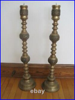 Vtg Brass Candlestick Candle Holders Floor Altar Church Large Pair 32 ENDS 9-29