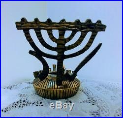 Vtg Brass & Enamel Jewish Menorah 9 Candle Holder Wick Inside &Out Israel