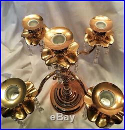 Vtg Brass Five Arm Candelabra/Candle Holder withCrystal Prisms
