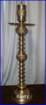Vtg Brass Floor Candle Stick Holder 31 Tall Ornate Peacock Scene Pillar
