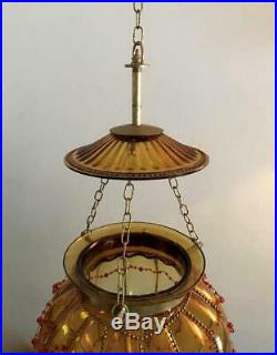 Vtg Brass & Hand Blown Beaded Cage Glass Hanging Lantern Candle Holder Lamp Pair