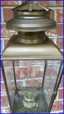 Vtg Brass Lantern Candle Holder Etched Beveled Glass Panels 4 Sided 17in tall