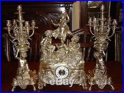 Vtg Bronze/brass Victorian Style Hoof Footed Ornate Clock & 2 Candle Holders