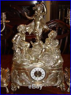 Vtg Bronze/brass Victorian Style Hoof Footed Ornate Clock & 2 Candle Holders