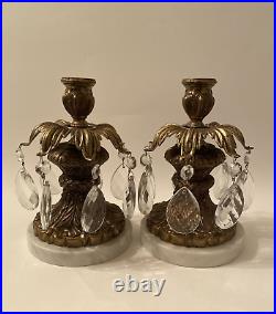 Vtg Catco Italian Crystal Brass Candle Holder Pair Hollywood Regency Marble Base