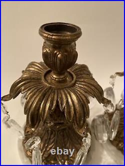 Vtg Catco Italian Crystal Brass Candle Holder Pair Hollywood Regency Marble Base