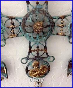 Vtg Greek Orthodox St George Verdigris Bronze Byzantine Cross Candle Holder RARE