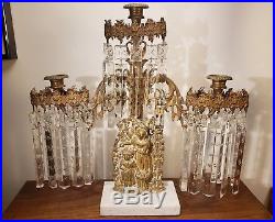 Vtg Italian Brass 3 Candle Holder candelabra Crystals Prisms Marble Base Italy
