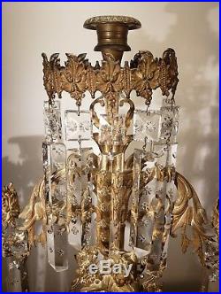 Vtg Italian Brass 3 Candle Holder candelabra Crystals Prisms Marble Base Italy