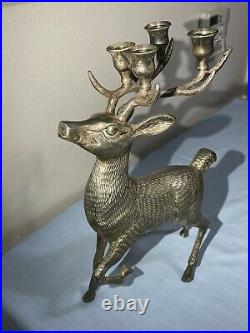 Vtg Large Gold Brass Deer Stag Reindeer Candelabra Candle Stick Holder Holiday