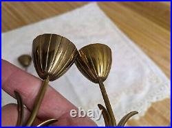 Vtg. MCM Ystad Metall, Sweden pair of double tulip brass candlesticks