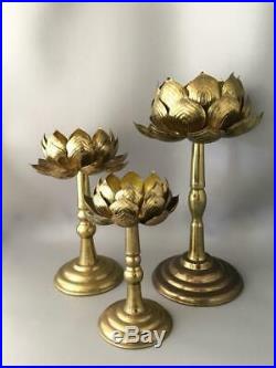 Vtg MID Century Feldman Co. Brass Lotus Blossom Flower Candle Holder Set