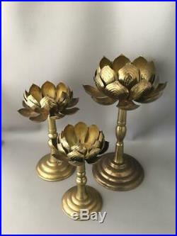 Vtg MID Century Feldman Co. Brass Lotus Blossom Flower Candle Holder Set