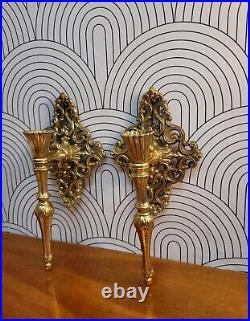 Vtg Mid Century Hollywood Regency Plated Brass Wall Sconce Candle HolderPair