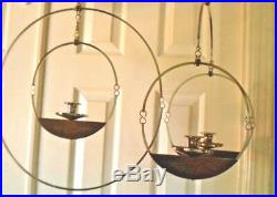Vtg Mid Century Modern Brass Teak Wood Hanging Candle Holder Geometric Circle