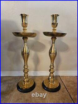 Vtg Moroccan Candle Holder Etched Brass Pillar Floor Altar Candlestick Pair 31