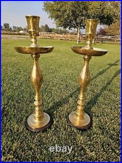 Vtg Moroccan Candle Holder Etched Brass Pillar Floor Altar Candlestick Pair 31