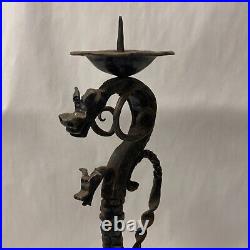 Vtg Or Antique Wrought Iron Dragon Candle Holder Wings Signed K Fischer