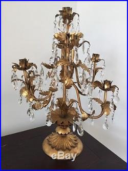 Vtg Ornate Brass Crystal Candlestick Candle Holder Candelabra