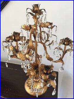Vtg Ornate Brass Crystal Candlestick Candle Holder Candelabra