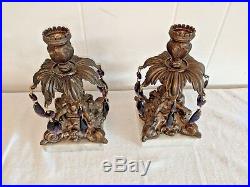Vtg Pair Brass Candle Holders Purple Crystal Prism Tear Drop Marble Base Hollywd