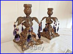 Vtg Pair Brass Candle Holders Purple Crystal Prism Tear Drop Marble Base Hollywd