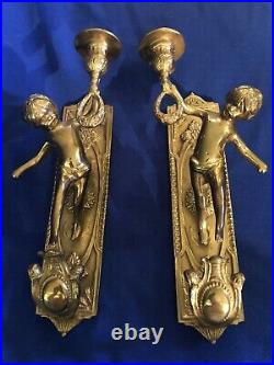 Vtg Pair Gatco Solid Brass Cherub Candle Holder Wall Sconces 11 Tall Ornate