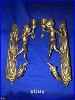 Vtg Pair Gatco Solid Brass Cherub Candle Holder Wall Sconces 11 Tall Ornate