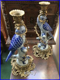 Vtg. Pair Large Hollywood Regency Ceramic Blue Parrot Bird Brass Candleholders