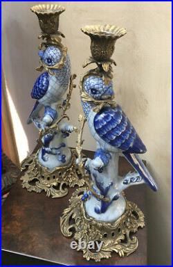 Vtg. Pair Large Hollywood Regency Ceramic Blue Parrot Bird Brass Candleholders