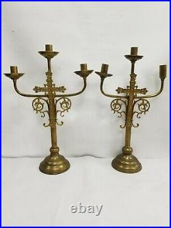 Vtg Pair Ornate Brass Candlestick Candelabra Gothic Church Altar Religious