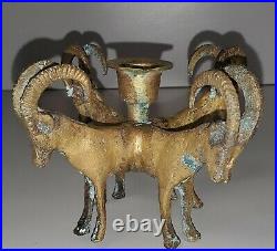 Vtg Patina Brass 4 Ram Single Candle Holder from 1950's Great Collector's Item