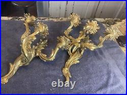 Vtg Pr. French Rococo Style 3 Light Solid Brass Wall Sconces Hollywood Regency