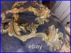 Vtg Pr. French Rococo Style 3 Light Solid Brass Wall Sconces Hollywood Regency