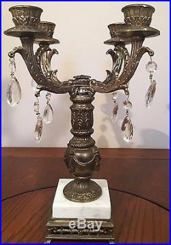 Vtg Rococo Brass 4 Arm Candleabra with Marble Base and Prisms Hollywood Regency