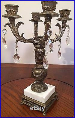 Vtg Rococo Brass 4 Arm Candleabra with Marble Base and Prisms Hollywood Regency
