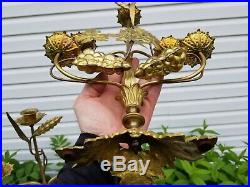 Vtg Two Antique Altar Church Pair Gilt Brass Candelabra W Grapes Wheat Leafs Old