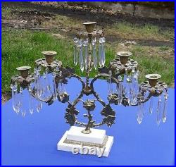 Vtg Victorian Style Brass 5 Candle Holder Vine Flower Marble Base Glass Prisms