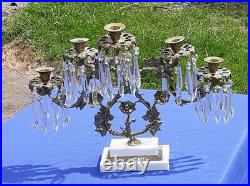 Vtg Victorian Style Brass 5 Candle Holder Vine Flower Marble Base Glass Prisms