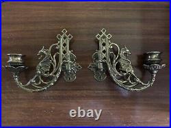 Wall Sconce Griffin Piano Candleholders, Pair Antique Solid Brass Victorian