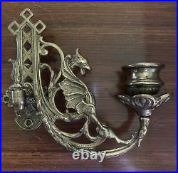 Wall Sconce Griffin Piano Candleholders, Pair Antique Solid Brass Victorian